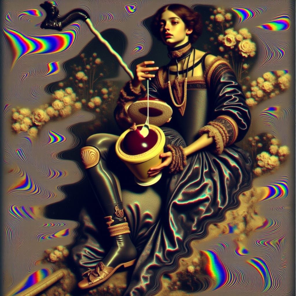  <lora:Sratoscuro:1.55> analog photography of a young beauty woman holding a chocolate desert, iridescent rippled distortions, vivid, Carava...