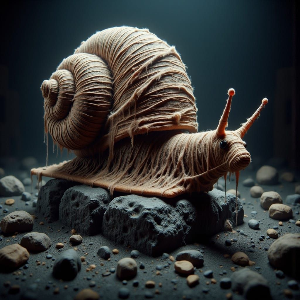 <lora:-The Mummy-:1.0> a mummy snail on lava rock