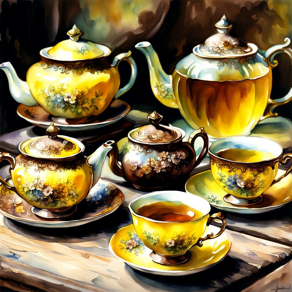 a yellow and brown tea set watercolor soft focus sharp focus...