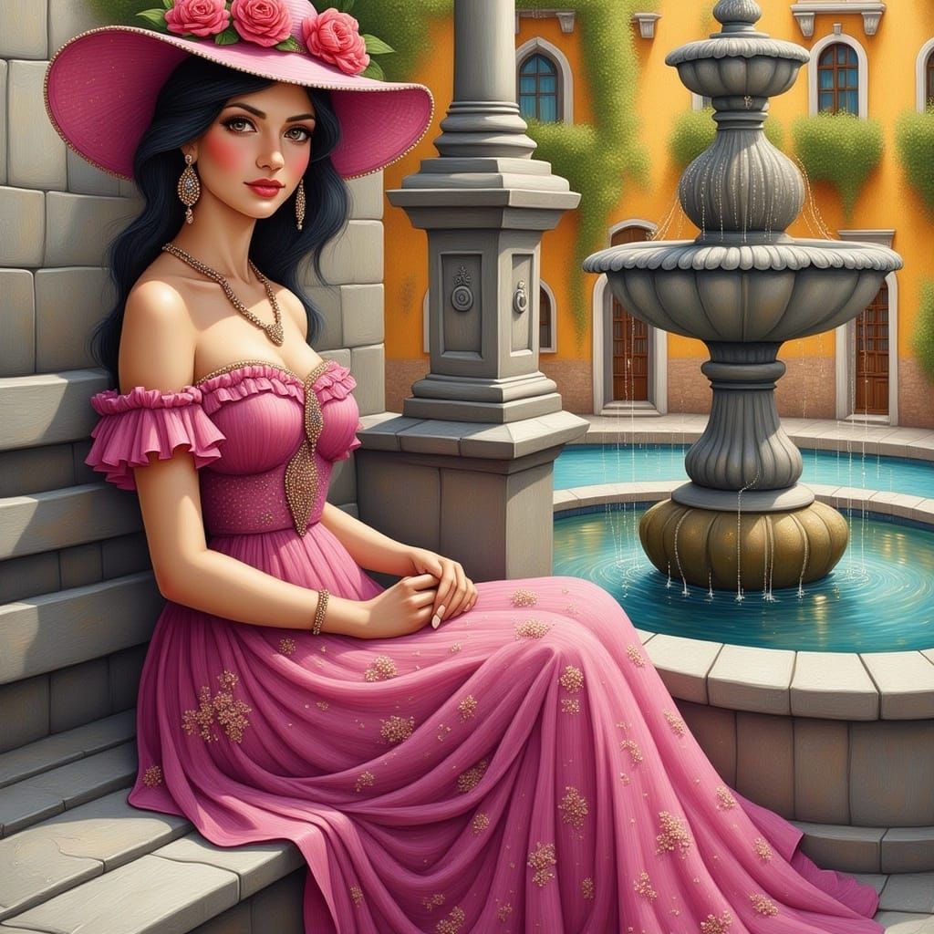 <lora:VAN GOGHs FANTASY F:1.0>  A dark haired woman with porcelain skin, wearing a flowing magenta summer dress with subtle floral patterns...