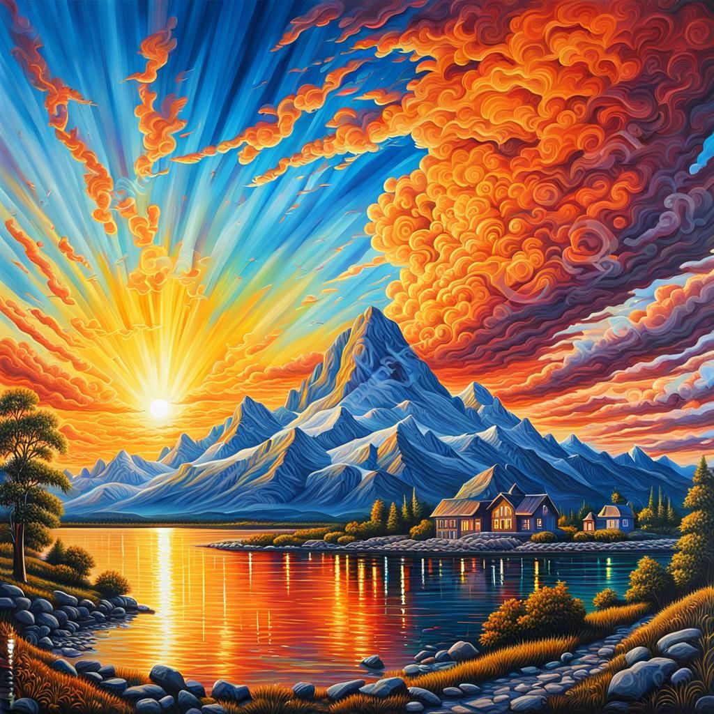 Electric Sunrise oil on canvas photoillustration panorama hyperdetailed magnificent  by @Andrea Angel