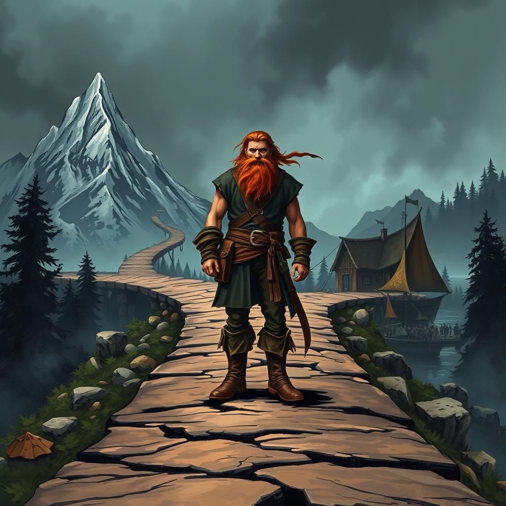 a pirate standing at a cross roads with a bright ginger beard