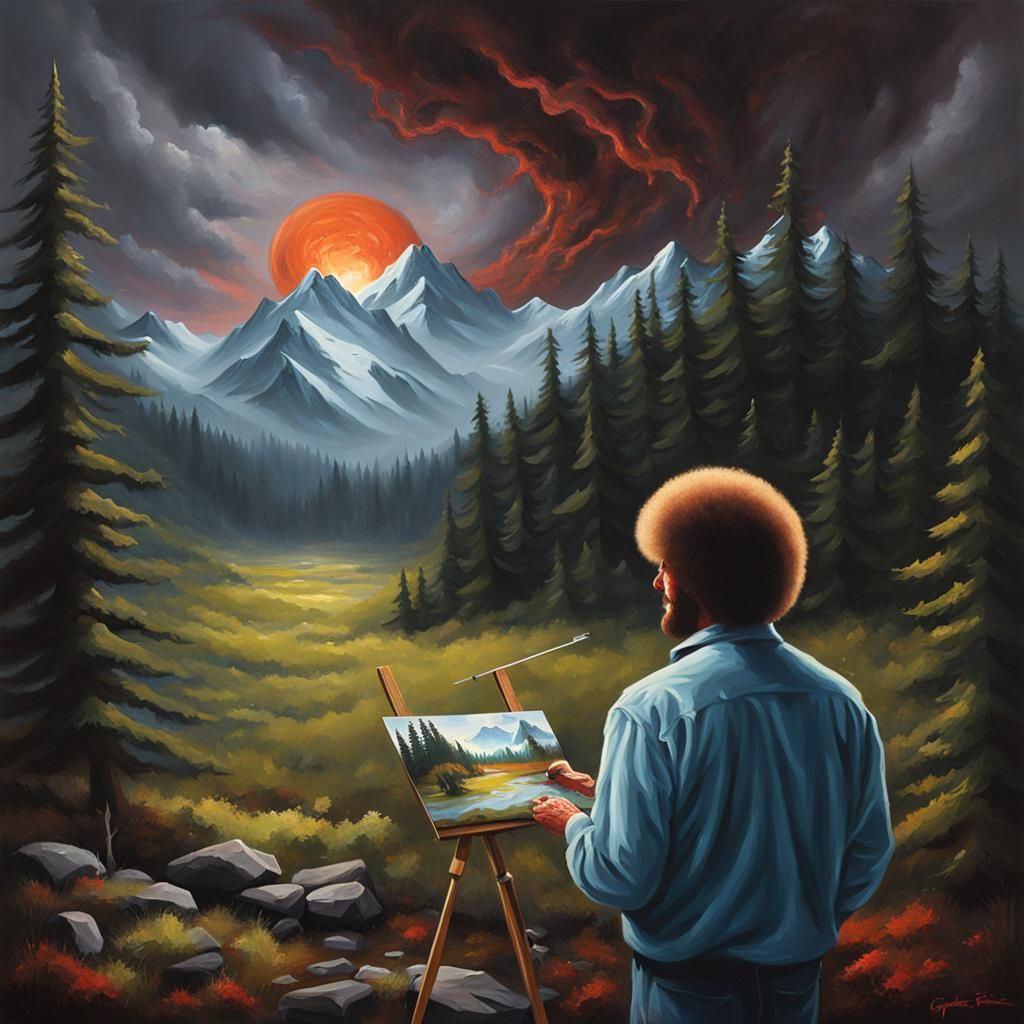 A demonic bob Ross painting a landscape on canvas - AI Generated