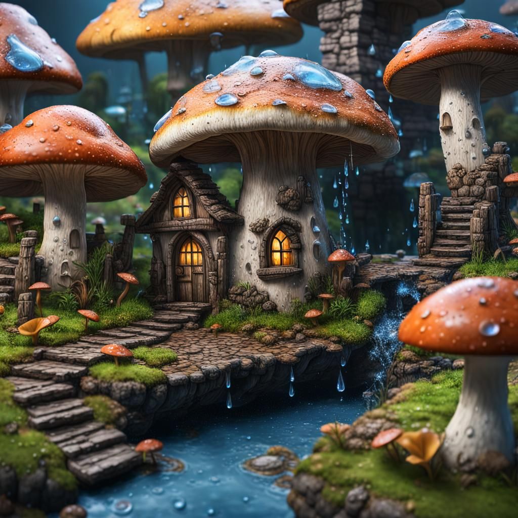 Medieval Village Under Mushroom: Hyperrealistic Splash Art
