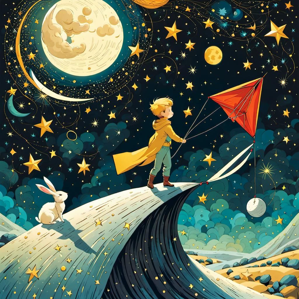 the little prince on the (HILLTOP of the moon:1.5) in space, playing KITE on a BREEZY night (with his RABBIT friend:1.5)...