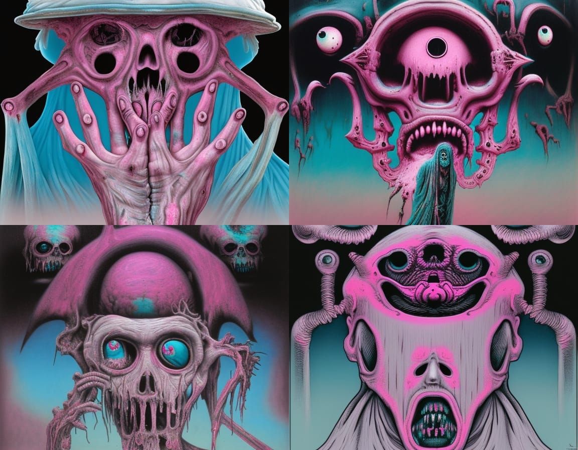 Pink and teal Eldritch chainsaw wizard with a zombie face Zd...