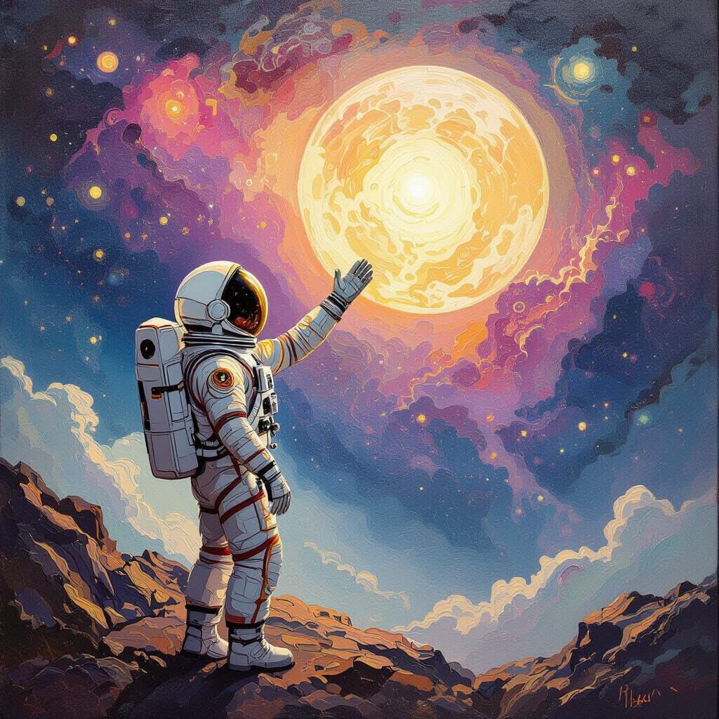 Impasto Gouache. A lone astronaut floats in a nebula, reaching for a distant, glowing planet. Whimsical illustration. The astronaut's suit i...