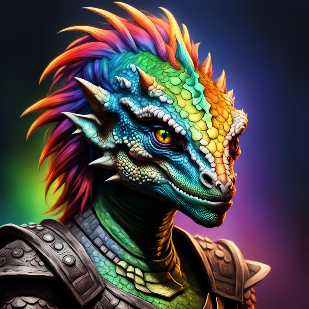 Detailed Argonian female. Rainbow eyes. Rainbow hair.