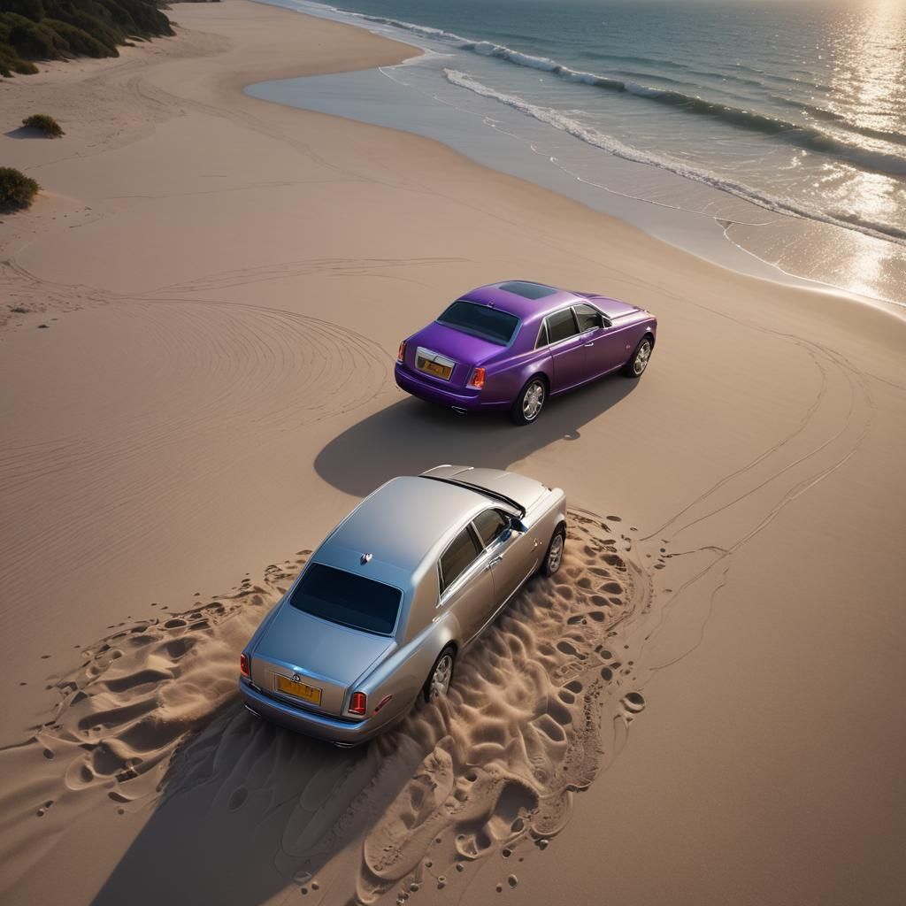 Silver Rolls Royce on a Beach in Fantasy Style