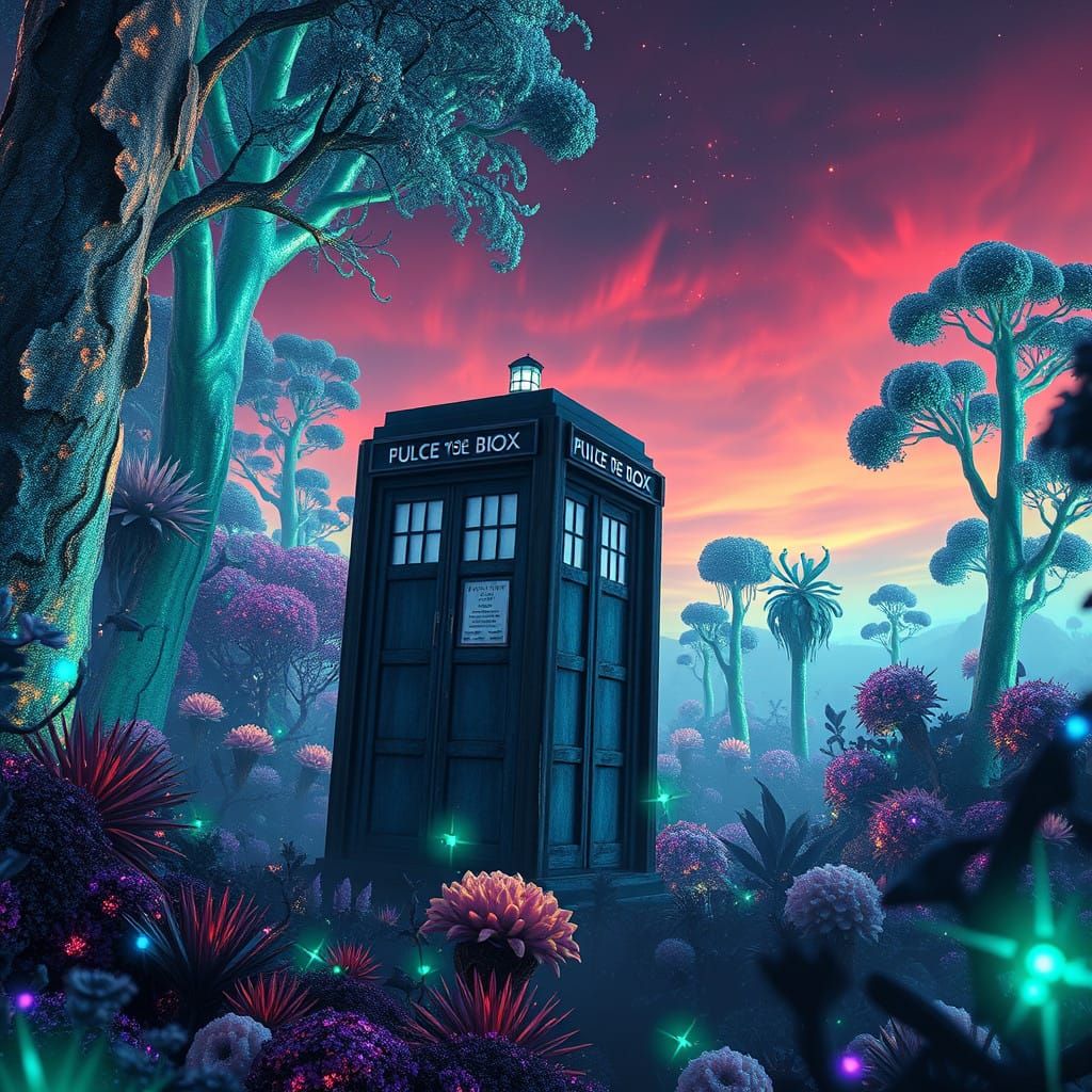Tardis in a bioluminescent multicolured alien jungle 