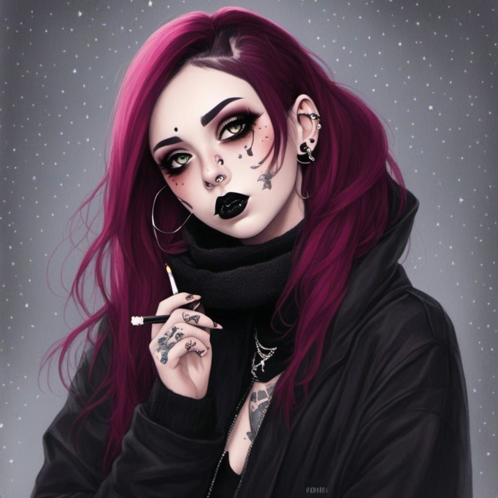 Goth Girl with Tattoos Smoking