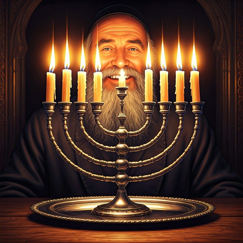 Joyful Chasidic Man's Face Lit by Menorah