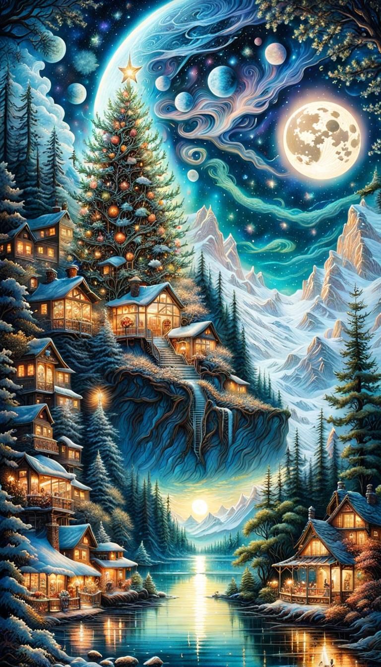 Christmas TREE sprouting from a house reaching out for moon AI