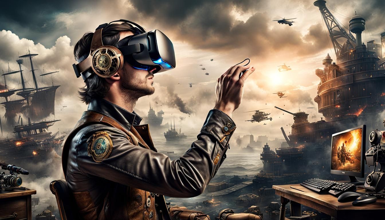 Steampunk Man with VR Glasses in War Game