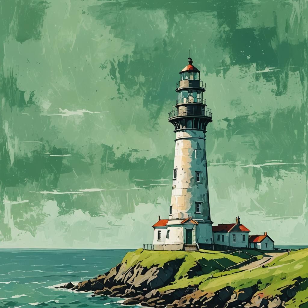 One old lighthouse standing on a small green hill with a cal...