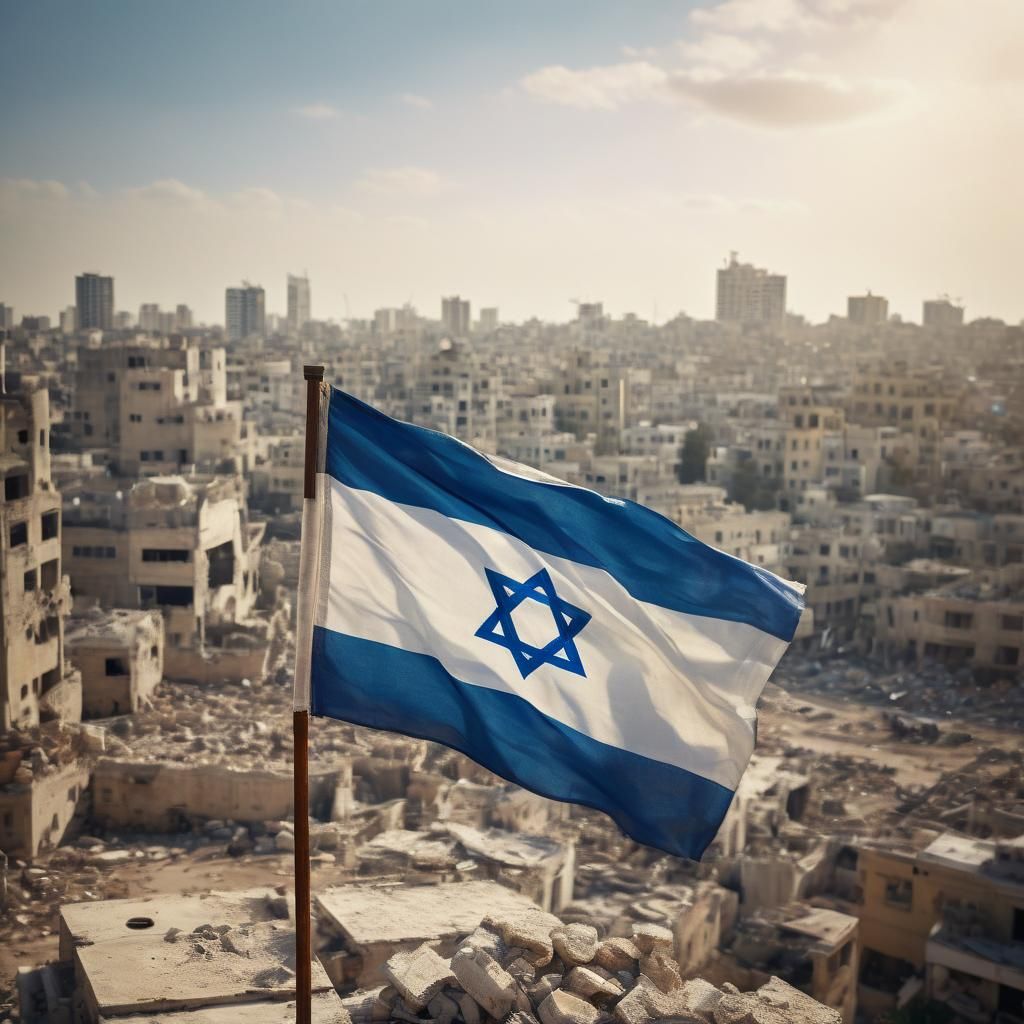 Israeli Flag Waving Above Gaza Ruins