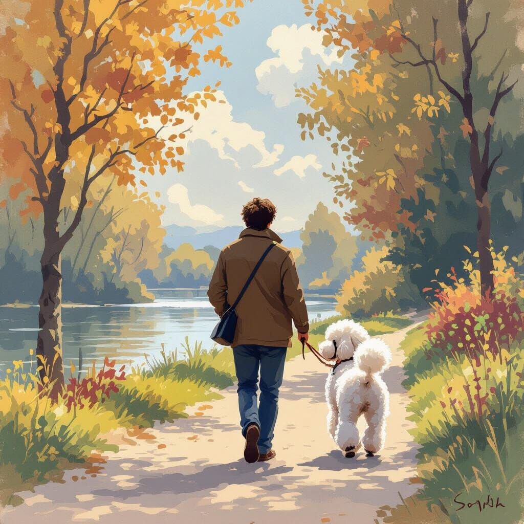 Man Walking Poodle: Impressionistic Outdoor Scene