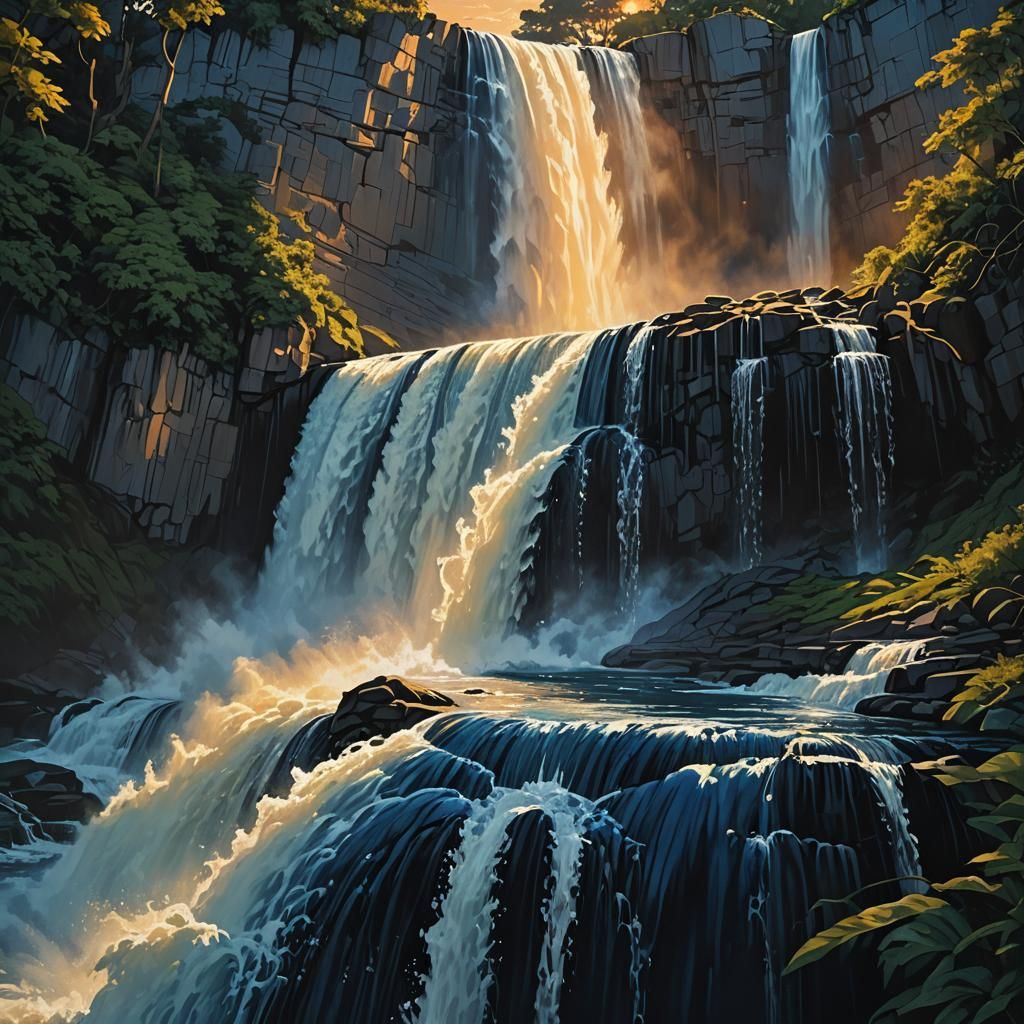 Beautiful deep dark blue waterfall in the sunset