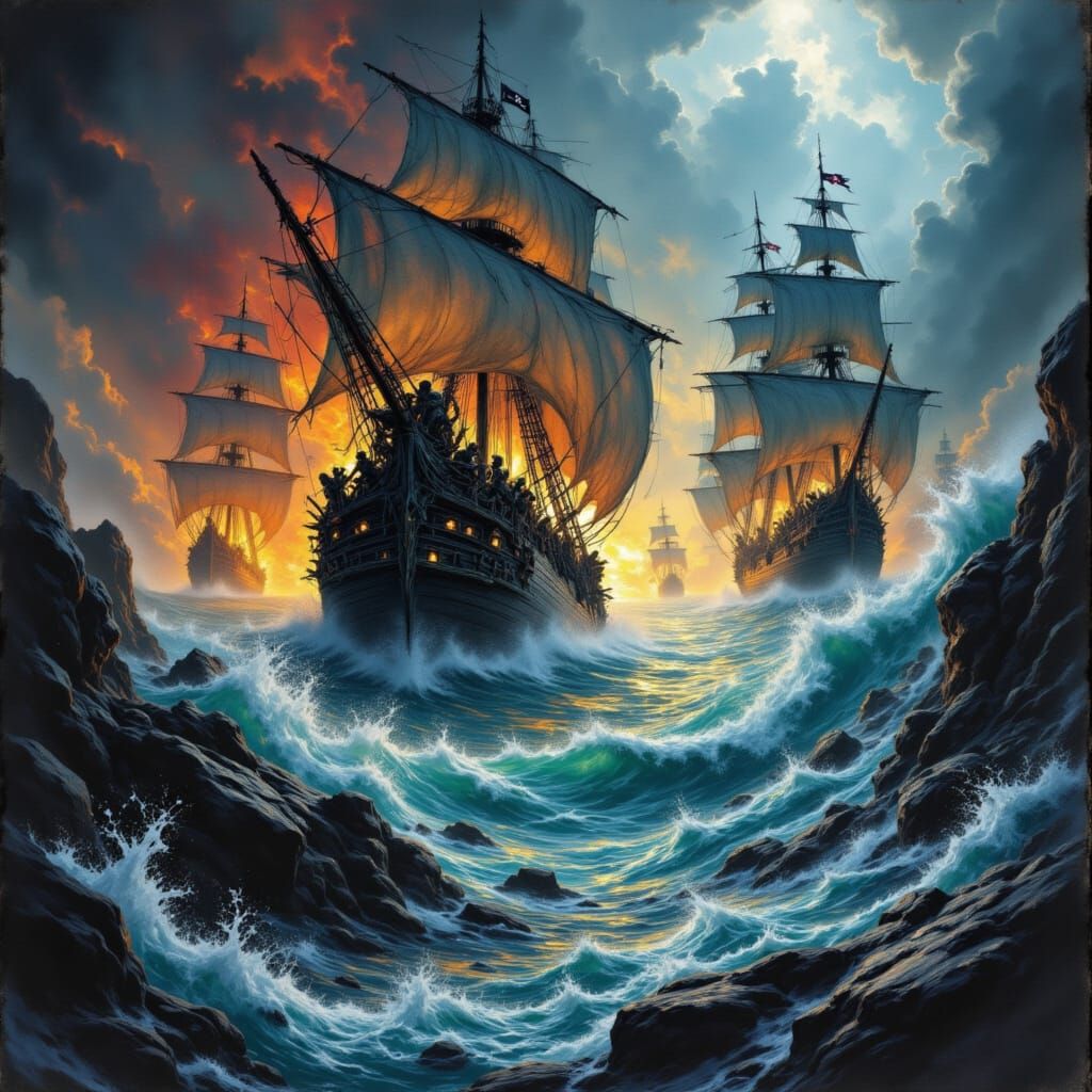 <lora:Davy Jones Locker:1.0> A pirate ship battle in the style of Davy Jones Locker