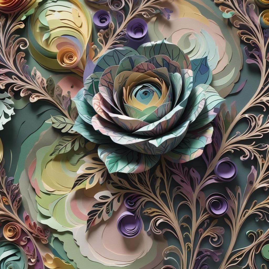 A colorful collage of layered paper leaves in different shap...