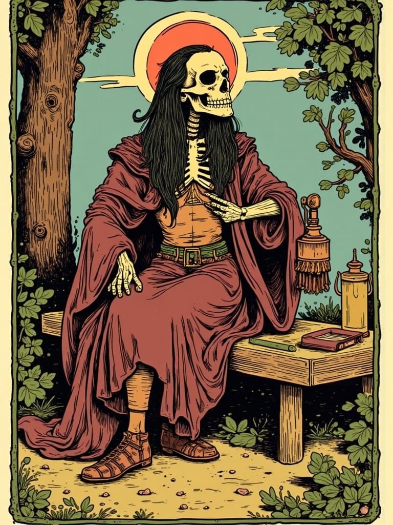 <lora:Alius:1.0> digital illustration in the style of Cosimo Galluzzi ::  tarot on wooden table, skeleton ripper / heart queen tarot card /...