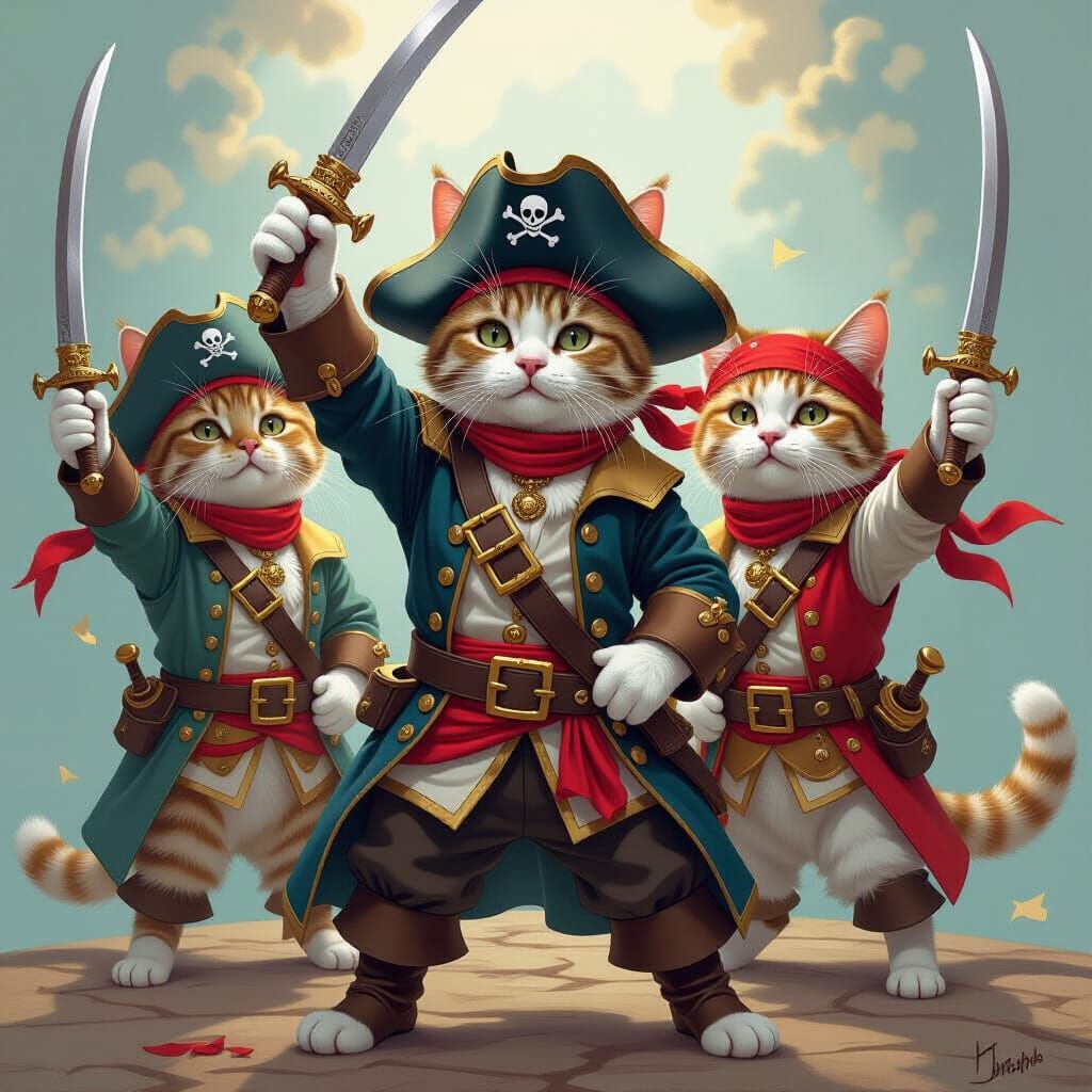  Cats as Pirates with ear rings and  holding swords in the air
  by @EntrepreneurOne