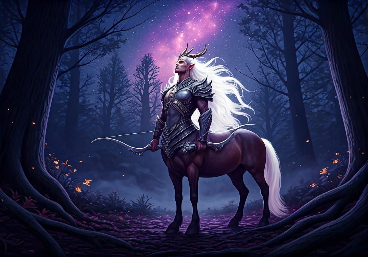 A handsome centaur with long white hair in an enchanted forest stargazing at the sky with a bow and arrows ...  by @Jess