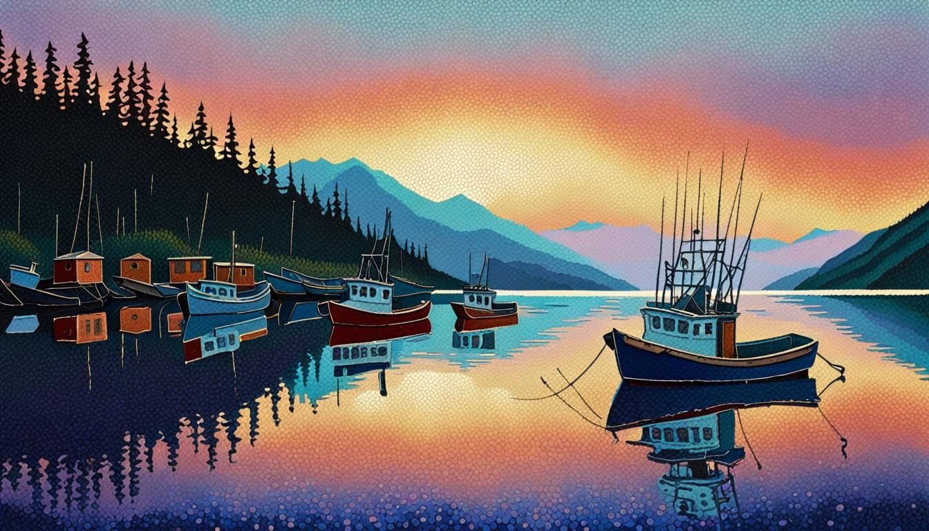 Fishing boats at dawn in an Alaskan inlet. Pointillist style...