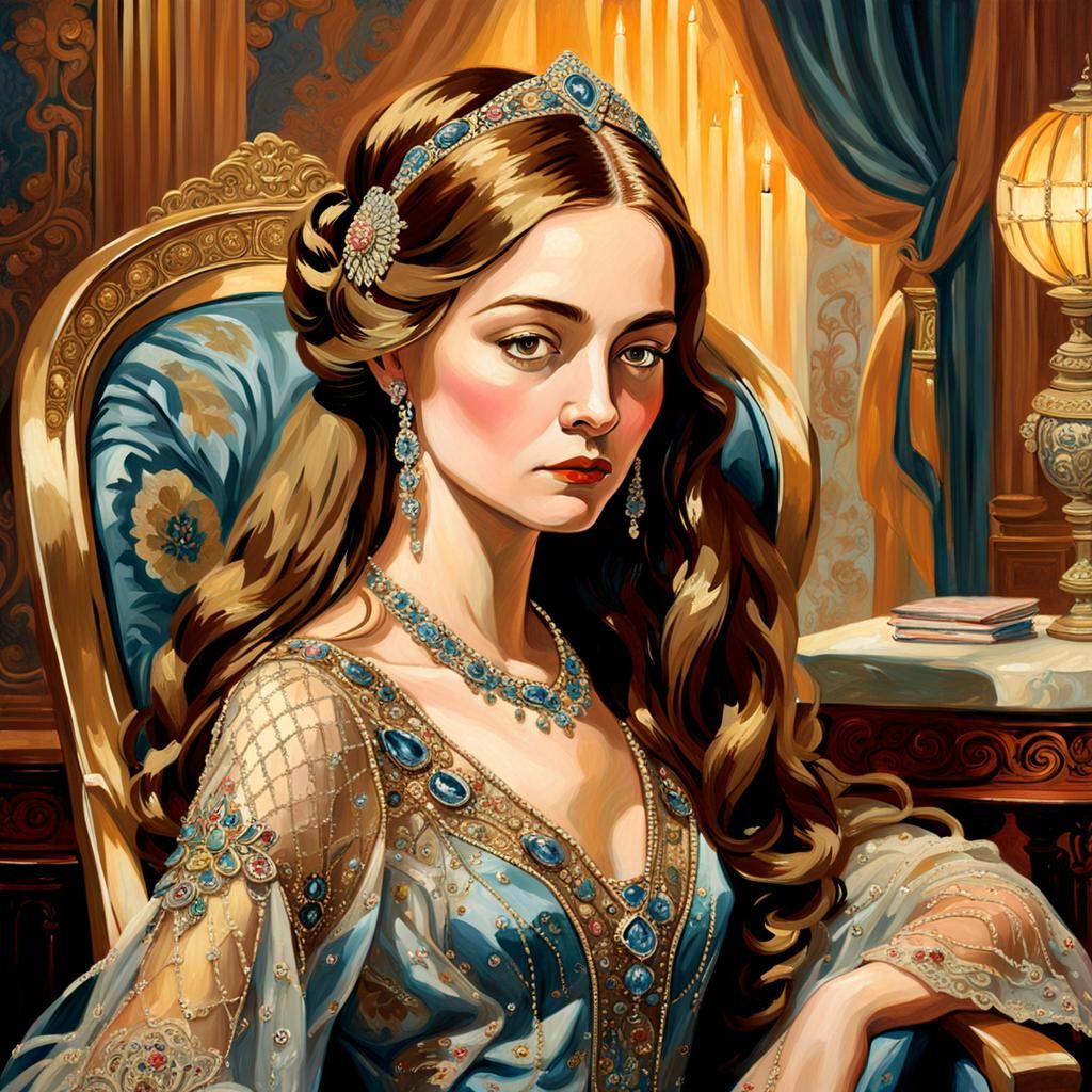 A beautiful model portraying an an Empress in the era of the 1920s on a photoshoot 