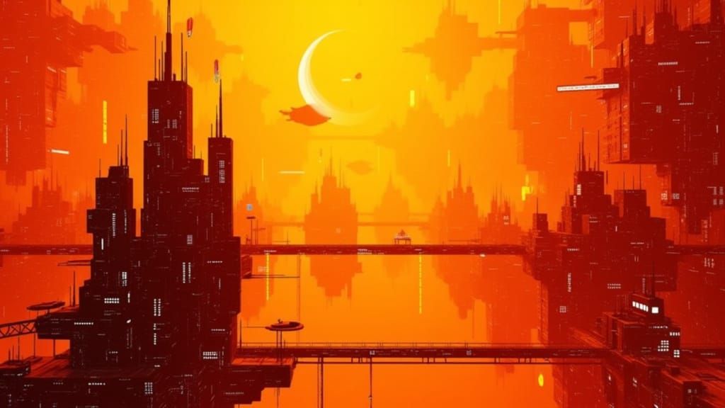 <lora:Sector Six:1.0> A hyper vivid cityscape composed of dystopian buildings surrounded by orange fog with a light shining through it, brig...