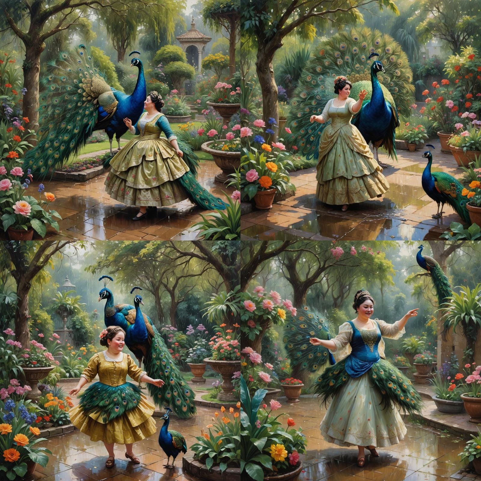 a chubby girl and peacock dancing on the slow rain in the beautiful garden  - AI Generated Artwork - NightCafe Creator