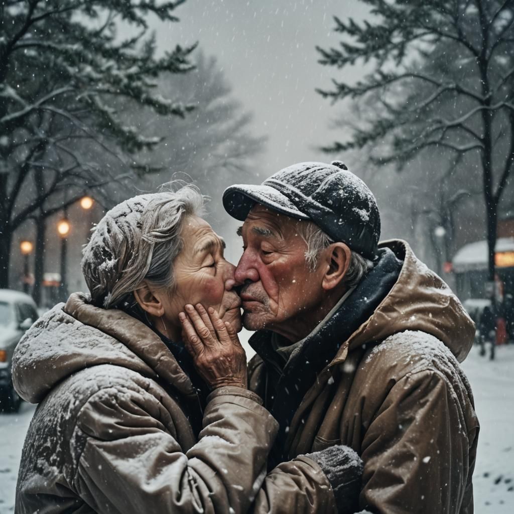 Old Wrinkled Uncle Auntie Kissing closely in a Heavy snowfal...