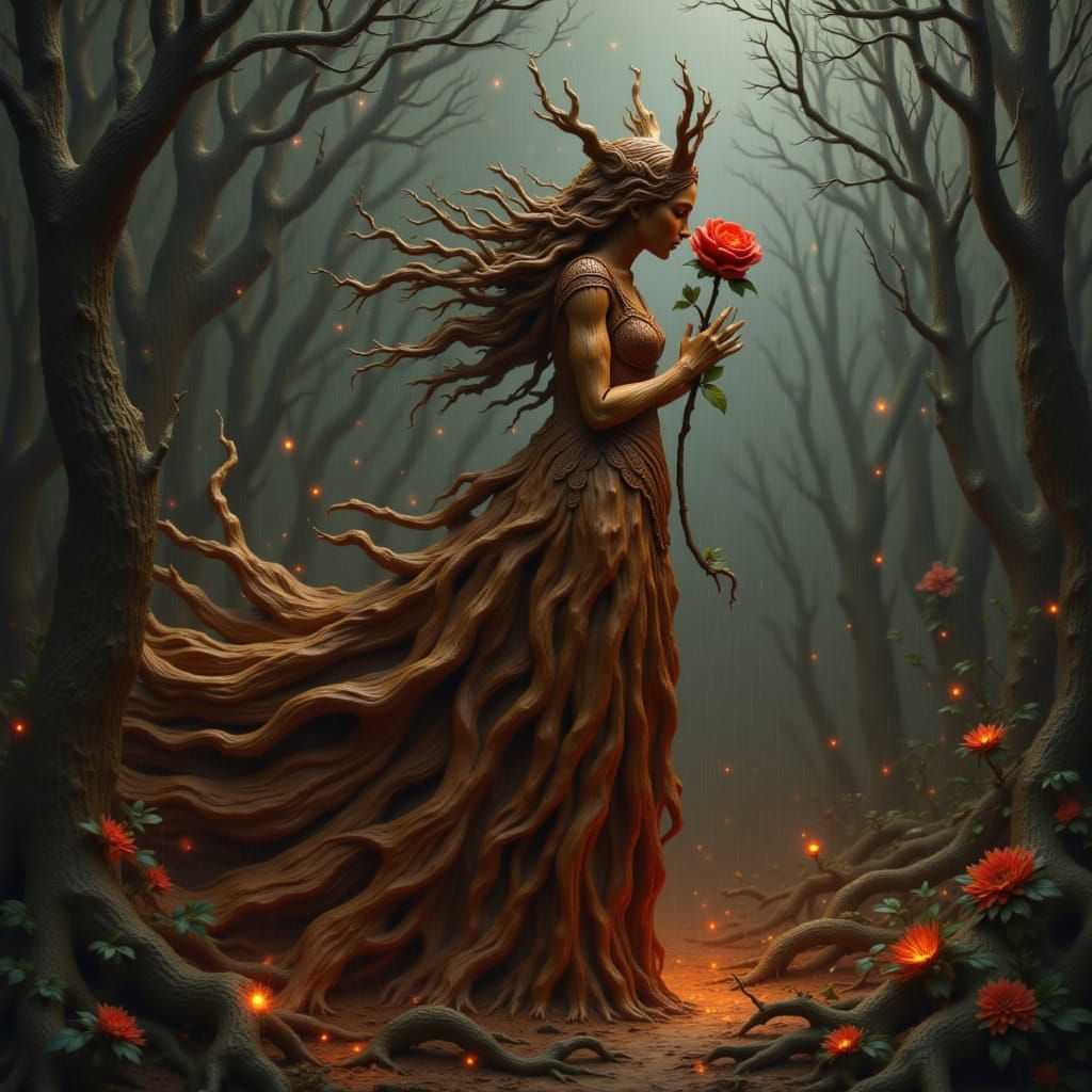 I maiden made of wood, dressing a wood gown, smelling some red rose made of wood, rounded by rain wind lightnings fire and fog. <lora:The Wo...