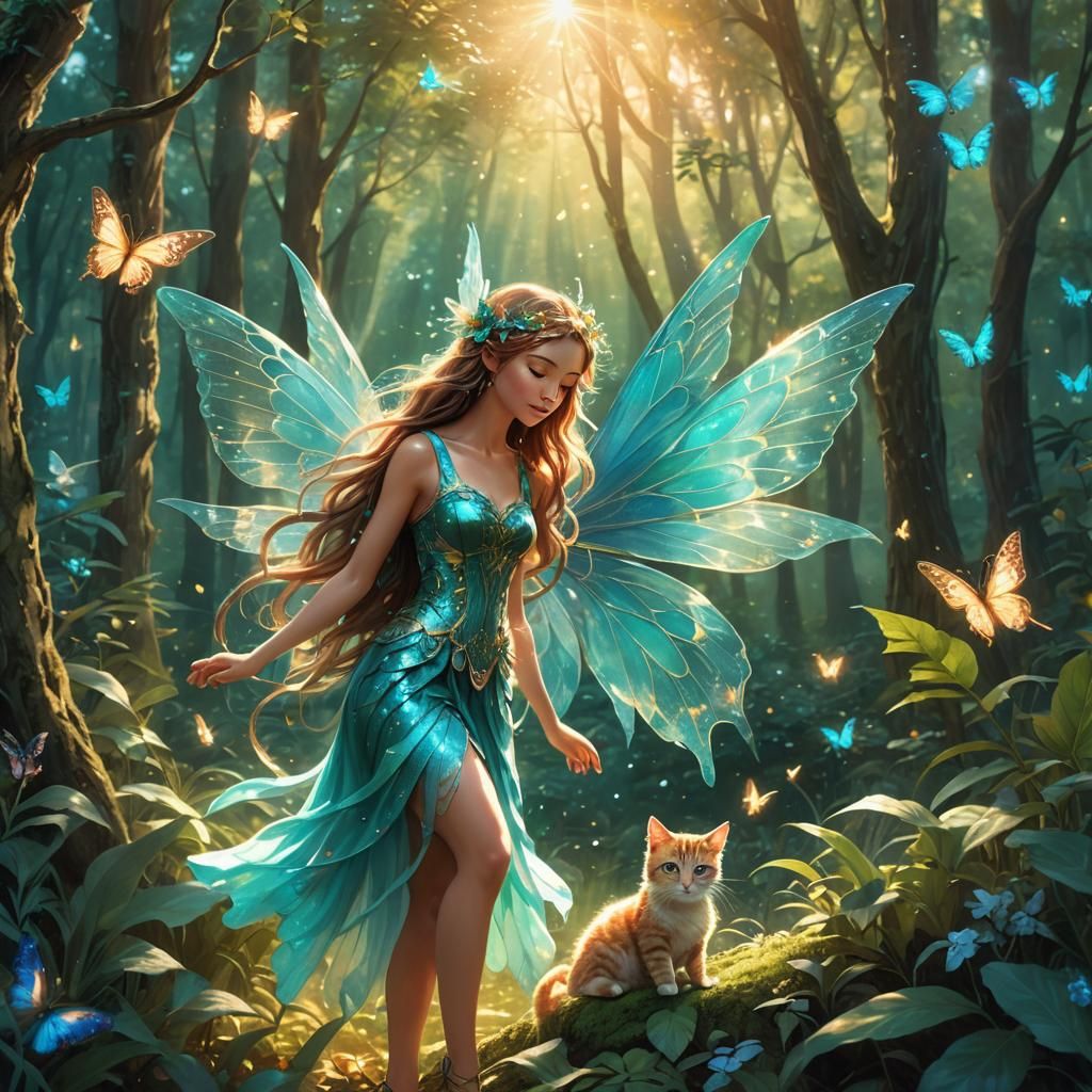 beautiful large turquoise fairy with wings around a beautifu...