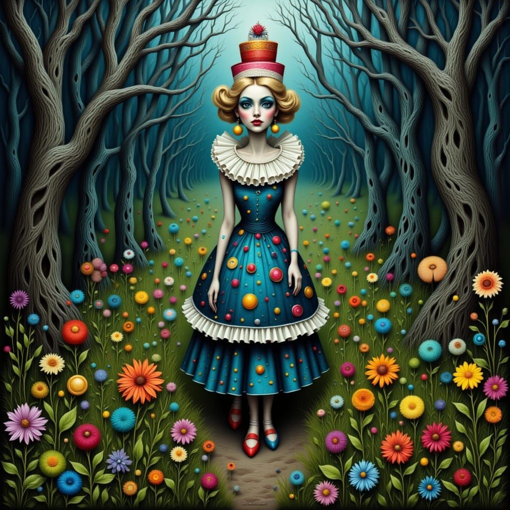 <lora:Grad2:1.0> <lora:Weird Whimsy:1.0> <lora:Klee 1:1.0> <lora:Contexture Moody:1.0> Close up image, Strange, beautiful woman wearing a po...