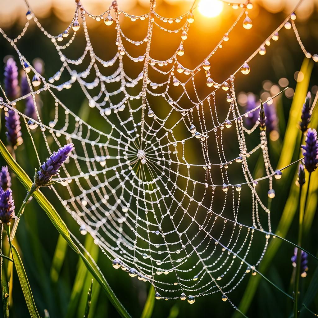 Warm morning sun enlights the dew drops on a spider's web.  by @Sciffler