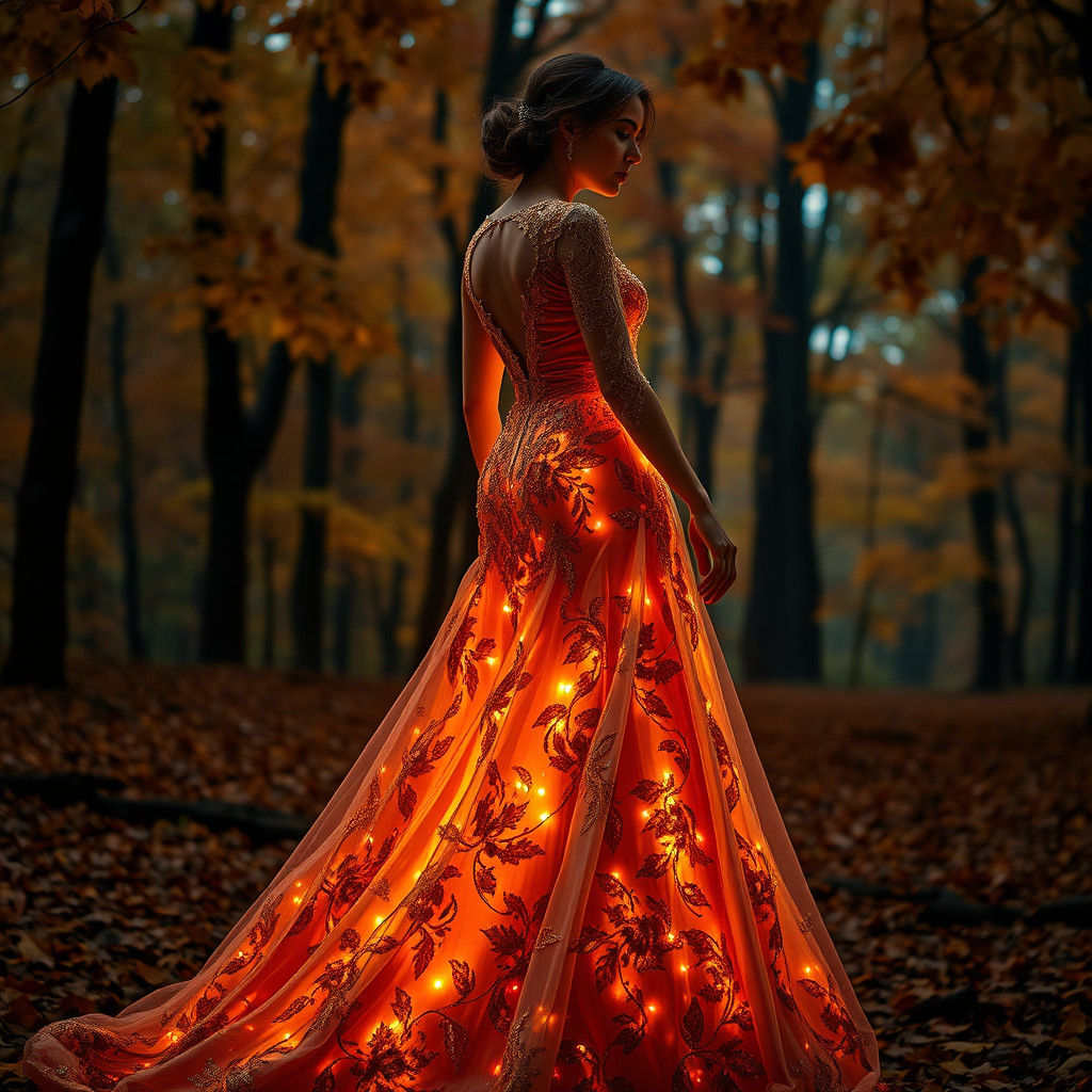 Luminescent Autumnal Dress with Gold Lace Details