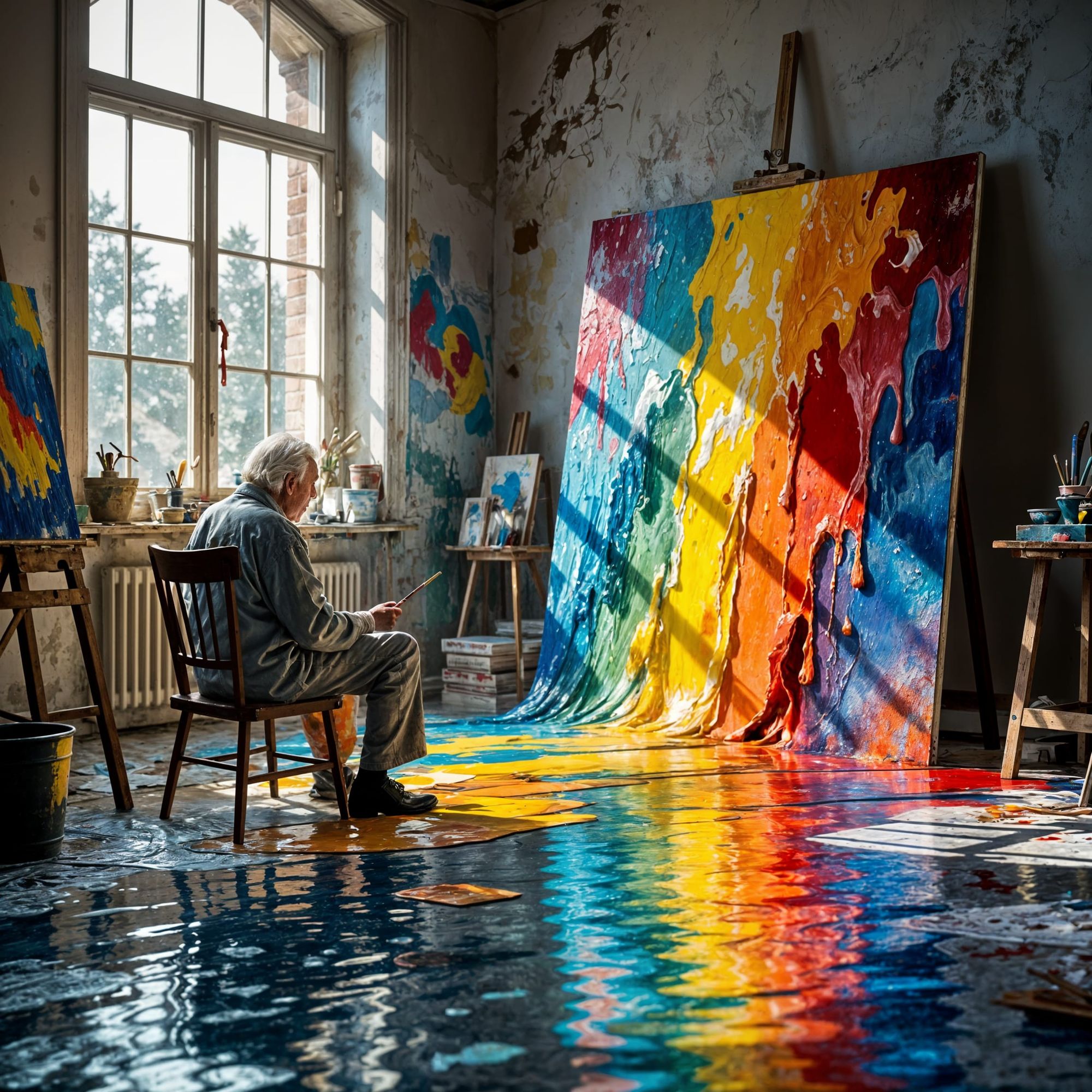 An elderly painter sits in a dim studio, watching as his colorful painting melts and overflows from the canvas, forming rivers of bright pai...