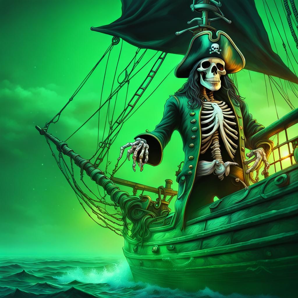 Pirate skeleton on a glowing green ghost ship at sea - AI Generated ...