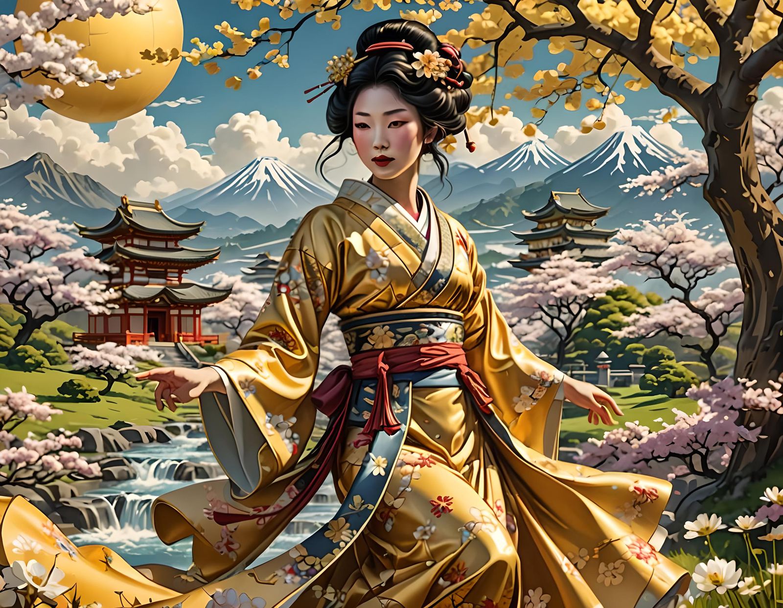 A beautiful geisha dancing over a flower meadow in the background a Japanese temple a little Alphonse Mucha Art Nouveau.  by @Vinylrenen