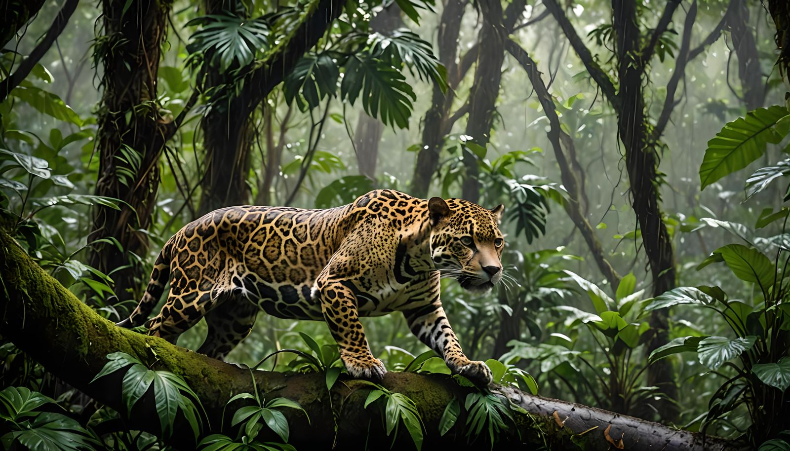 A Jaguar Hides In The Rain Forest Canopy, Ready To Pounce On Any Animal That Comes Past, Mist And Green ...  by @KOSH