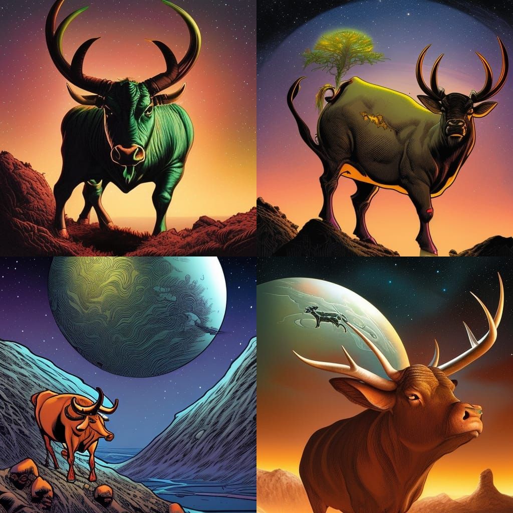 Three-horned bull on another planet