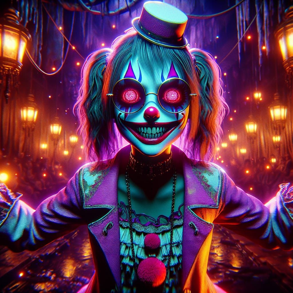 Eerie Dark Fantasy Clown Girl in Trash Polka Style