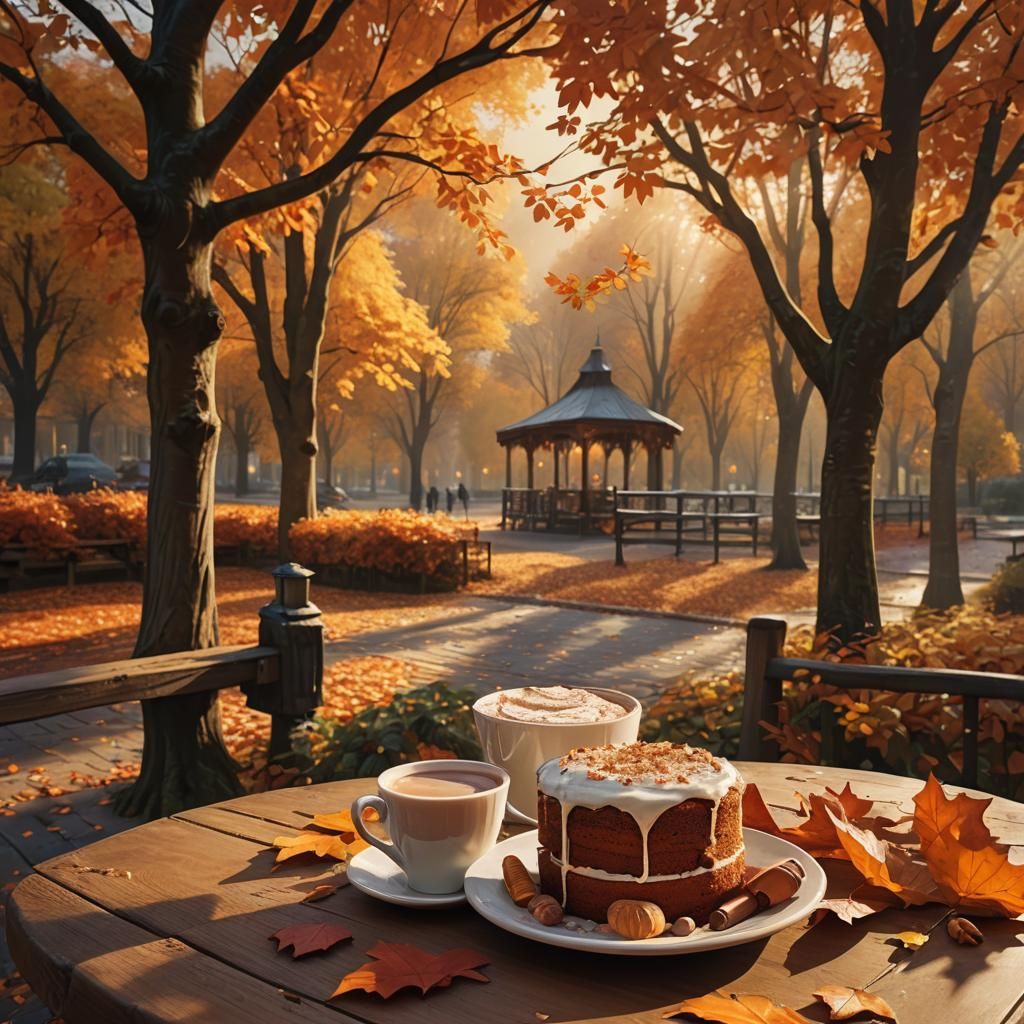 Pumpkin spicy cake , hot chocolate, falling leaves, autumn 