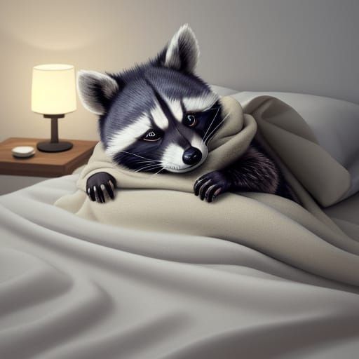 Lazy Raccoon Turning Off Alarm Clock in Cozy Bedroom