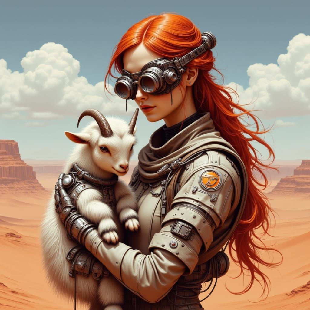 <lora:Studio Bebop:1.0> Prompt: Female Riddick goggles cute baby long haired baby goat close up face made into a part metal animal. Female l...