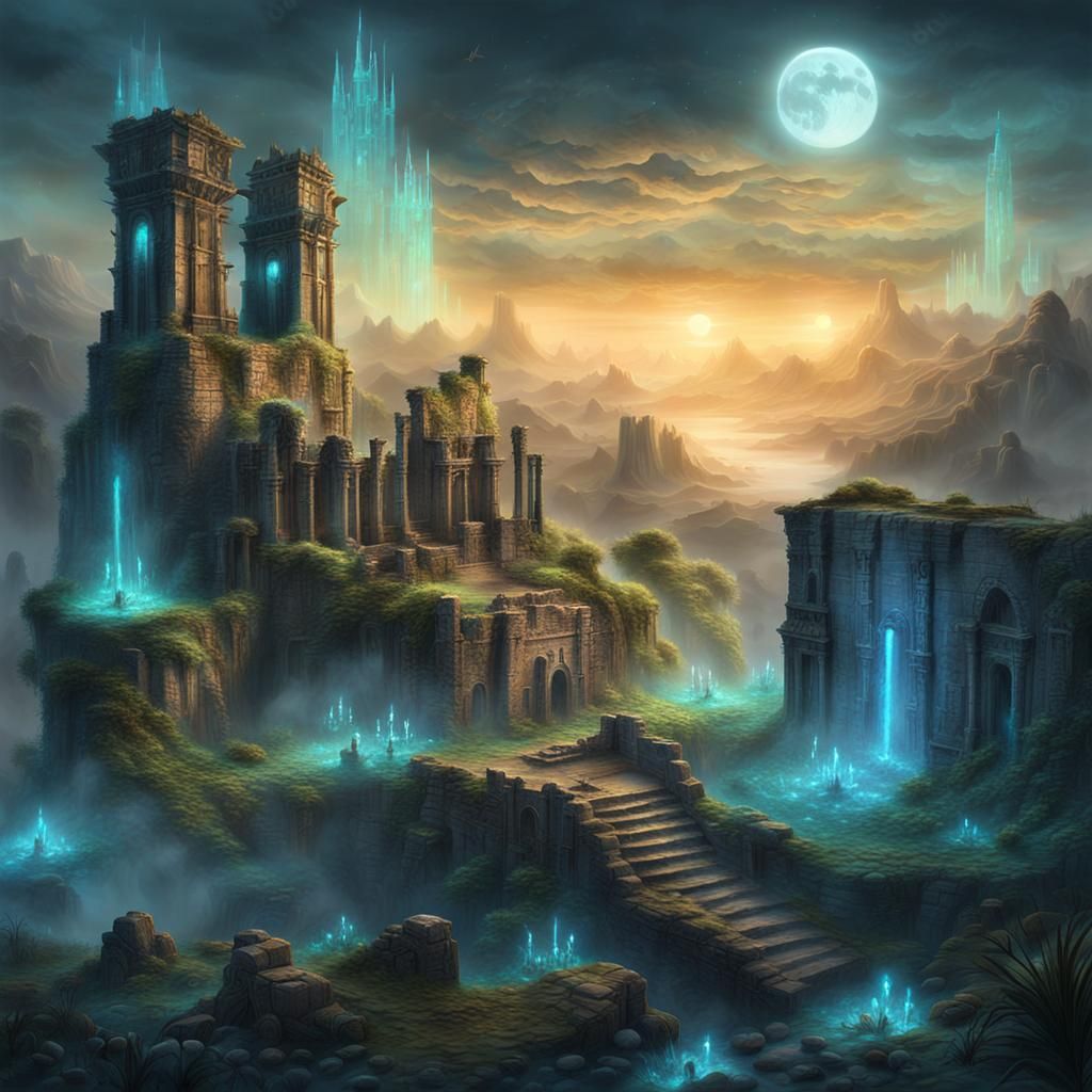 Surreal Bioluminescent Landscape with Mystical Ruins