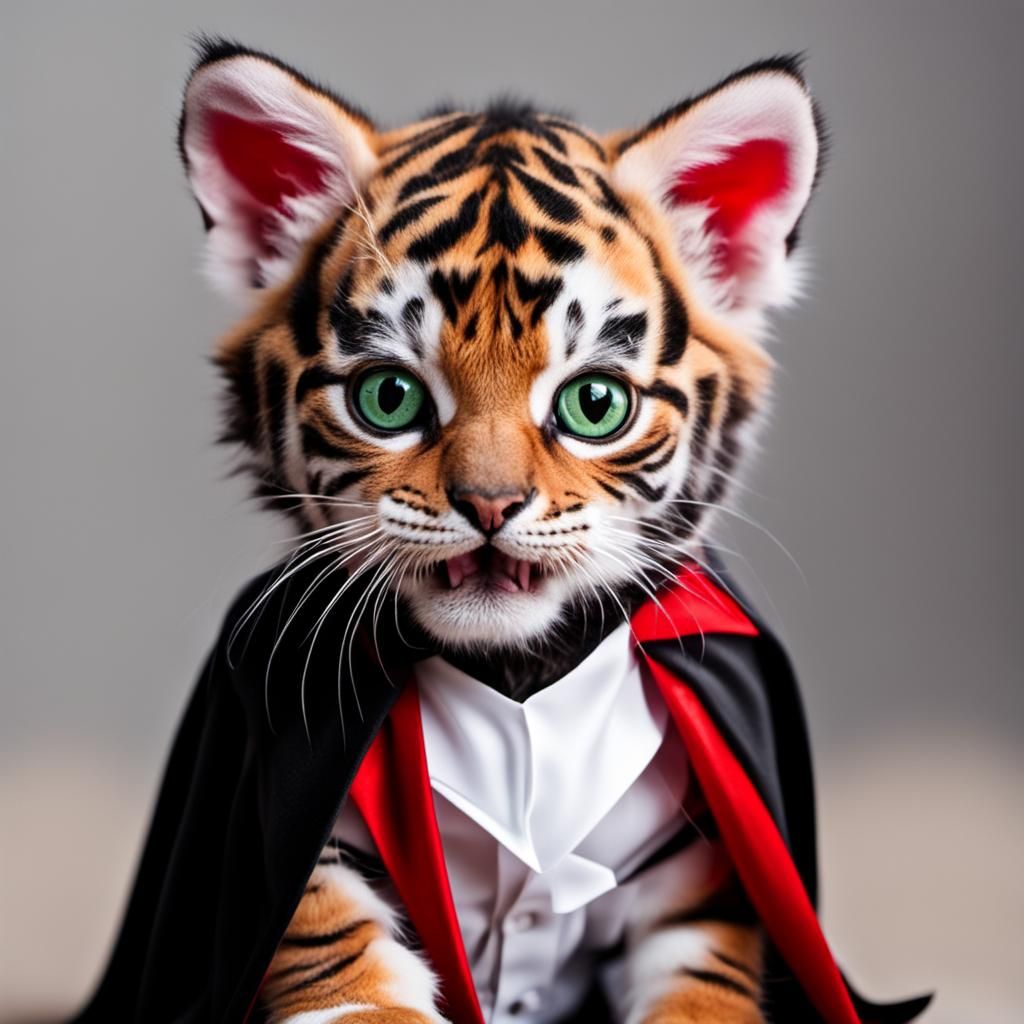 cute baby tiger kitten dressed up for Halloween as dracula  by @Karrisa