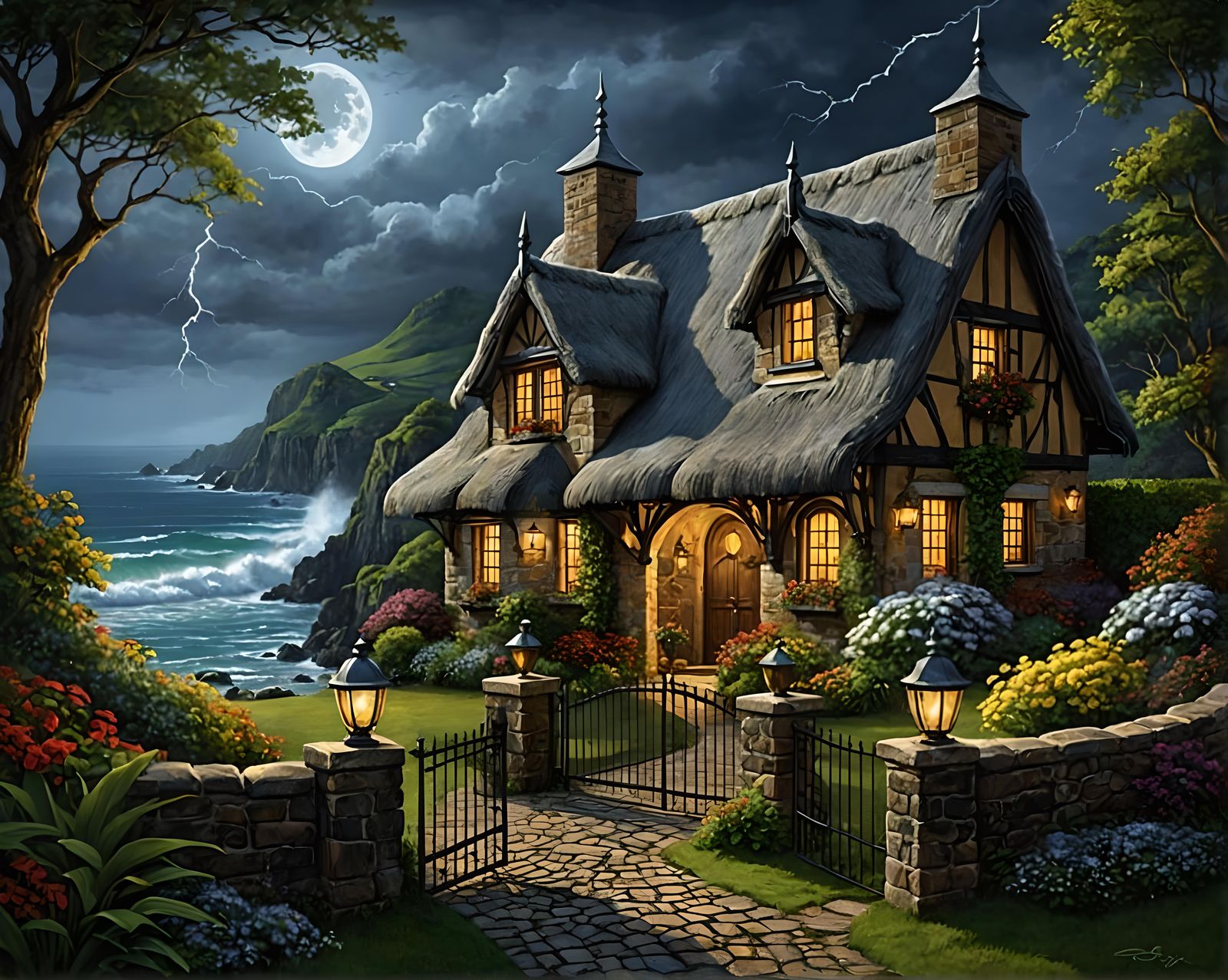 Thatched cottage at night.