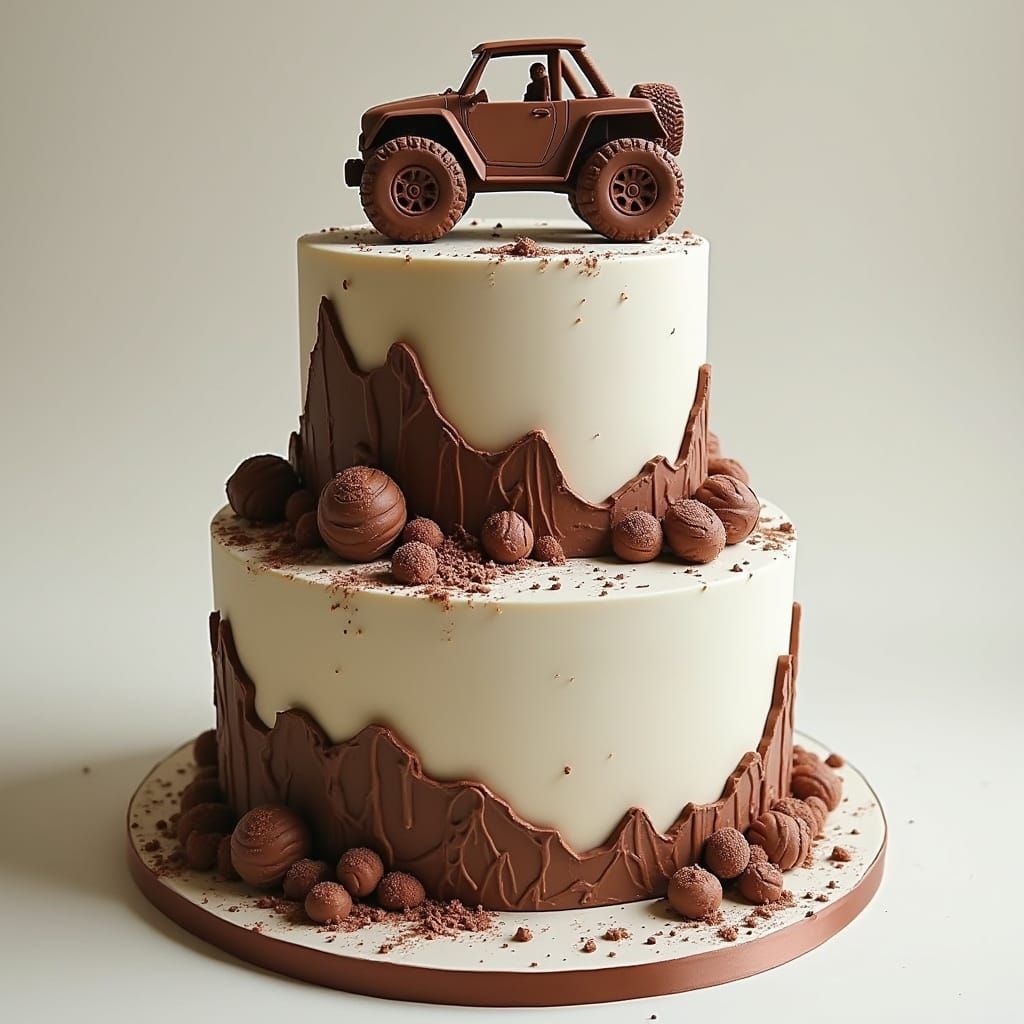 Sleek Multilayered Cake with Elegant Off-Road Vehicle Decora...